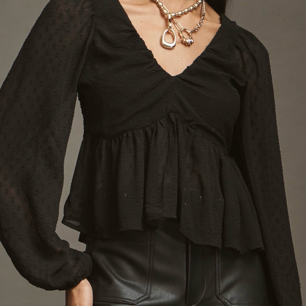 Anthropologie Black Swiss Dot Peplum Tunic